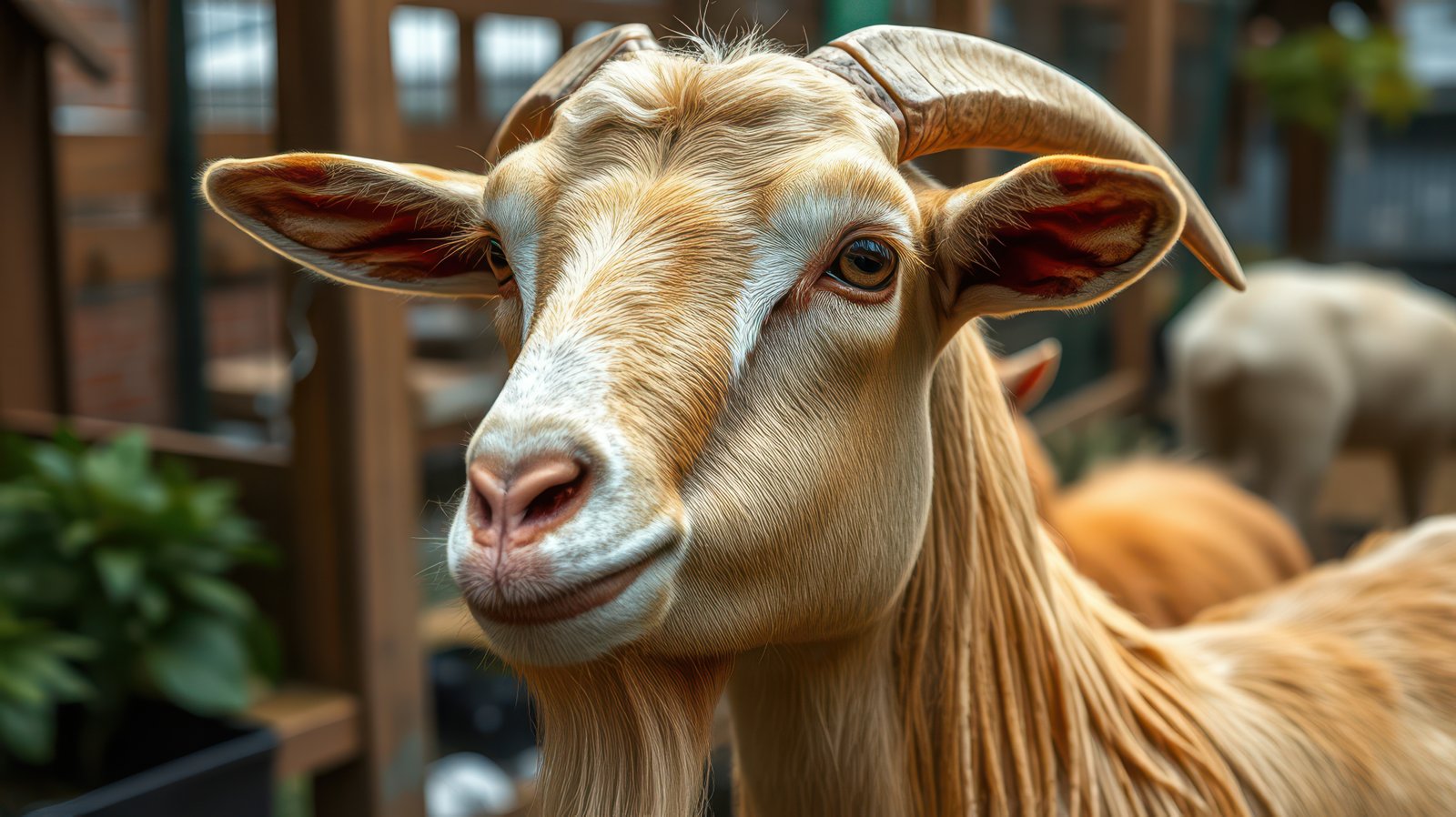 Goat with expressive features in a farm setting surrounded by other animals